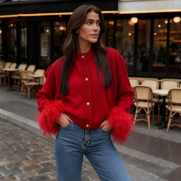 Red Casual Festive Women's fluffy faux fur sleeve cuffs Cardigan Top - Picture 8 of 11